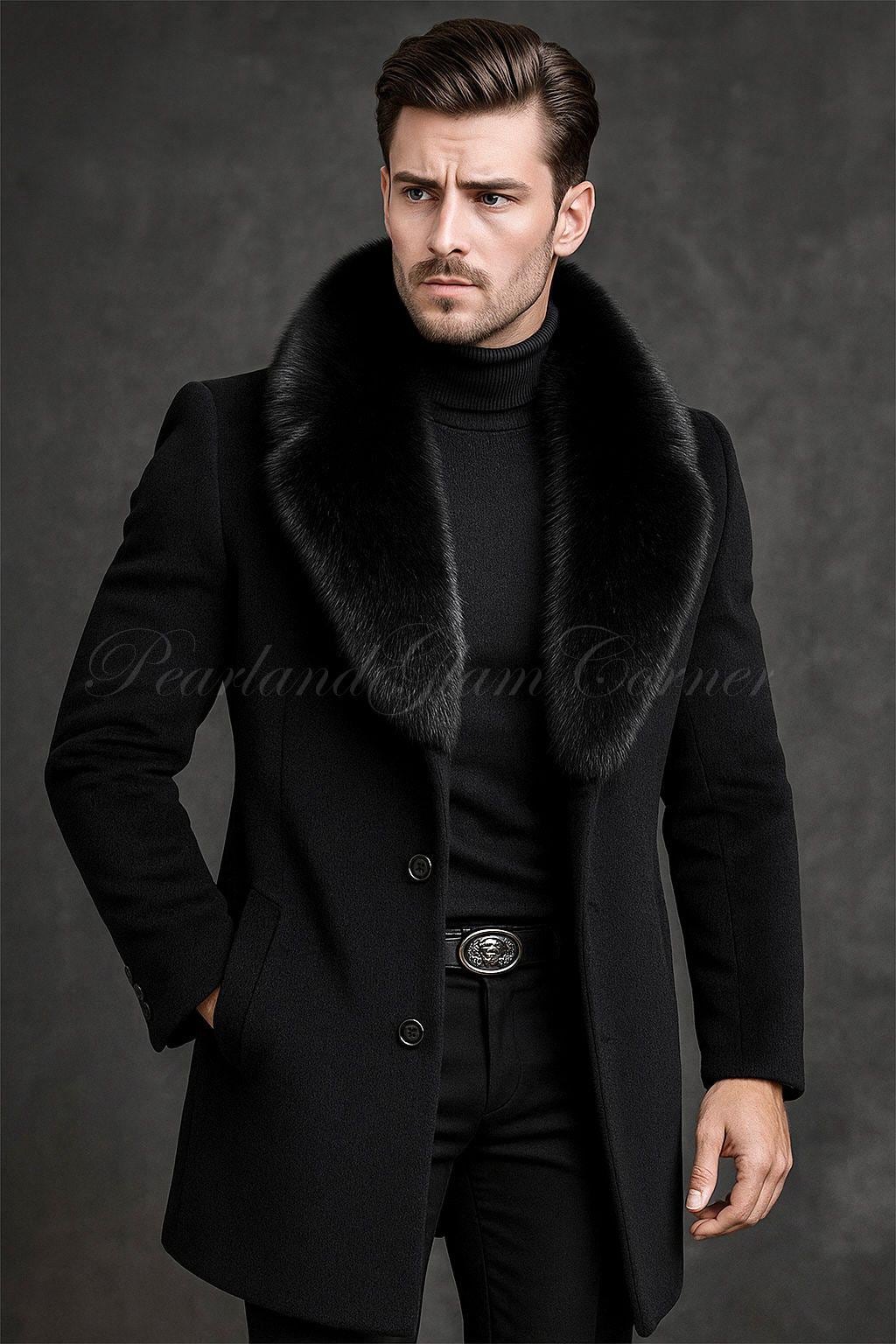 Men's Black Wool Coat With Faux Fur Collar, Gothic Winter Overcoat
