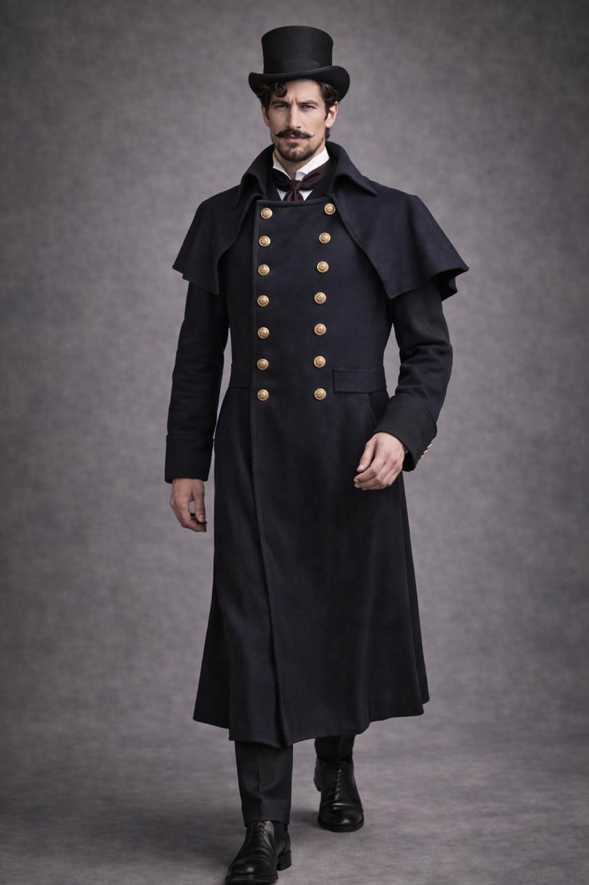 Men's Gothic Victorian Military Regency Wool Trench Cape Overcoat
