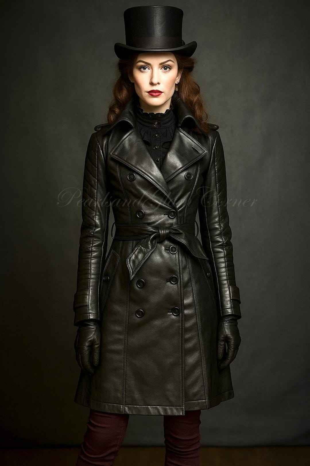 Women's Black Gothic Steampunk Leather Trench Coat, Vintage