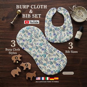 Baby Bib & Burp Cloth Sewing Pattern Set 3 Bib Sizes 3 Burp Cloth Styles Easy Method Sew First Cut after All Languages Video Tutorial PDF