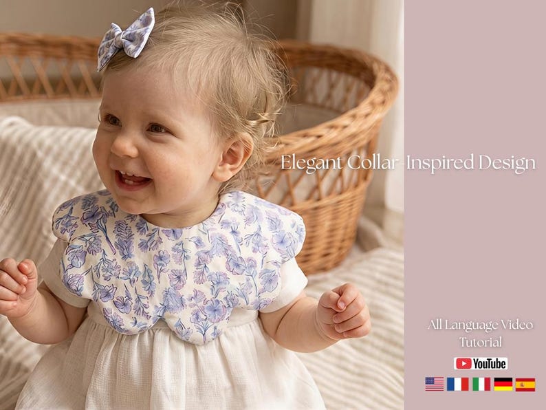 May include: A smiling baby wearing a white dress and a bib with a blue floral pattern. A matching bow is in the baby's hair. The text "Elegant Collar Inspired Design" is visible. A YouTube tutorial is also advertised.
