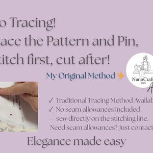 May include: A light purple graphic with text that reads "No Tracing! Place the Pattern and Pin, Stitch first, cut after!" and "My Original Method." A hand points to a pattern piece. A logo for NanoCraft is also present.