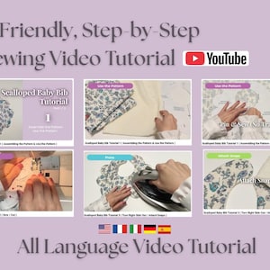 May include: A step-by-step sewing tutorial for a scalloped baby bib. The image shows a series of steps, including assembling the pattern, pinning and sewing, pressing, and attaching snaps. The tutorial is available in multiple languages.