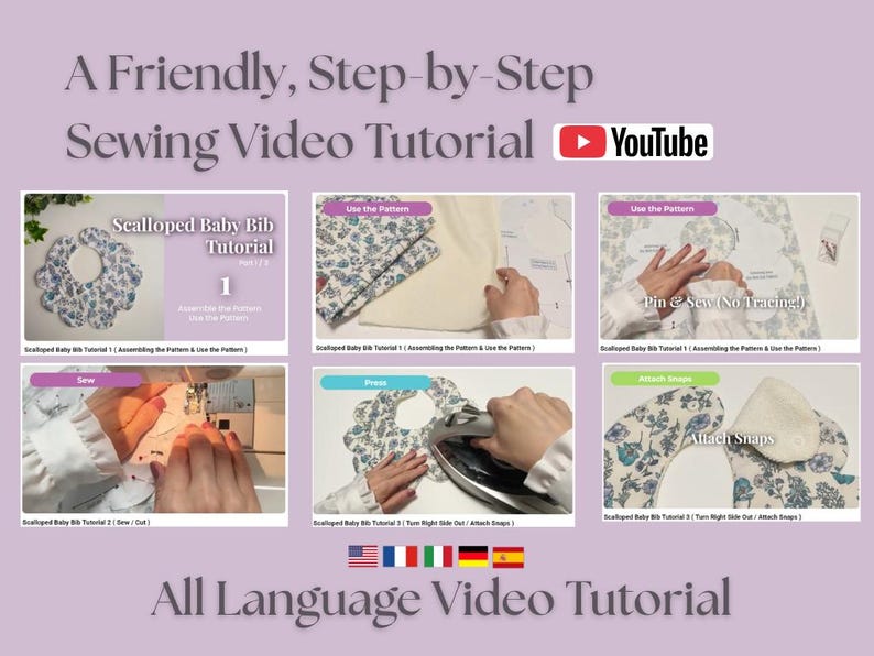 May include: A step-by-step sewing tutorial for a scalloped baby bib. The image shows a series of steps, including assembling the pattern, pinning and sewing, pressing, and attaching snaps. The tutorial is available in multiple languages.