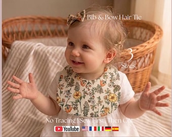 Basic Elegant Baby Bib 3 Sizes & Bow Hair Tie Sewing Pattern, No Tracing! Sew First-Then Cut, All Languages Video Tutorial A4 Letter PDF｜01