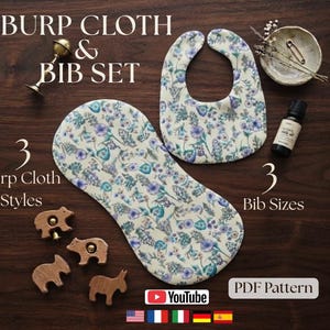 Baby Bib & Burp Cloth Sewing Pattern Set 3 Bib Sizes 3 Burp Cloth Styles Easy Method Sew First Cut after All Languages Video Tutorial PDF