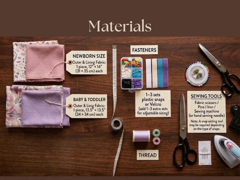 May include: A collection of sewing materials, including fabric, fasteners, thread, and sewing tools. The image shows fabric pieces for newborn and baby/toddler sizes, measuring 12" x 14" and 13.5" x 13.5" respectively. Also included are scissors, pins, and an iron.