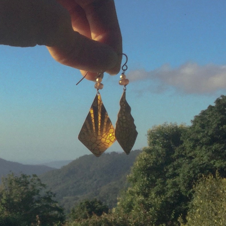 Retro Fan Earrings Gold Triangle Earrings Upcycled image 5