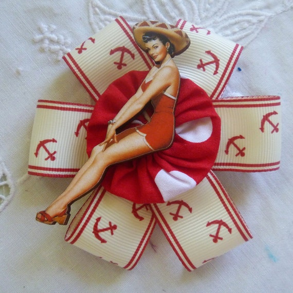 Items similar to Mexican Pin Up Girl Hair Clip. Nautical Hair Clip. Red