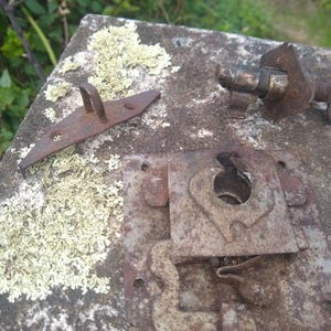 Könnte beinhalten: Nahaufnahme von antiken Metallbeschlagkomponenten, darunter ein Riegel, ein Scharnier und ein Bolzen. Die Teile sind rostbraun mit Alters- und Abnutzungserscheinungen. Die Beschläge sind auf einer verwitterten, mit Flechten bedeckten Oberfläche angeordnet.