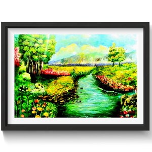 Digital River Landscape Painting | Printable Wall Art | Colorful Nature Scenery | Instant Download | Acrylic Canvas Art