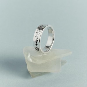Può includere: Un anello d'argento con un design a codice a barre inciso attorno alla fascia. L'anello è esposto su un pezzo di vetro smerigliato, su uno sfondo azzurro. L'anello ha una finitura lucida e un piccolo simbolo di onda sonora.