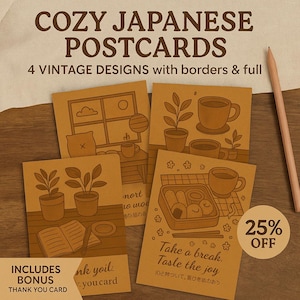 Conjunto de cartões postais para impressão – Citações japonesas vintage aconchegantes (4 designs, com e sem borda)
