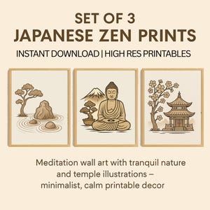 Conjunto de 3 láminas de arte zen japonés para pared: Buda, pagoda y jardín zen. Decoración minimalista de meditación. Descarga instantánea e imprimible.