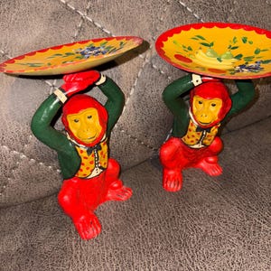 Colorful monkey with fruit painted tray vintage hand painted candle holder statue