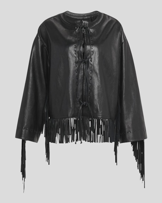 Handgefertigte Schwarze Leder Fransenjacke im Western Cowgirl