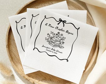 A New Chapter Begins White Coined Napkins: Personalized Napkins for Story Book Themed Baby Shower - PC6A
