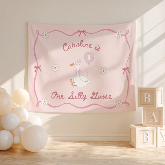 One Silly Goose Backdrop: Pink Silly Goose Theme First Birthday Banner - PC9
