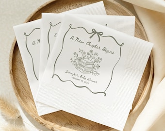 A New Chapter Begins White Coined Napkins: Personalized Napkins for Story Book Themed Baby Shower - PC6C