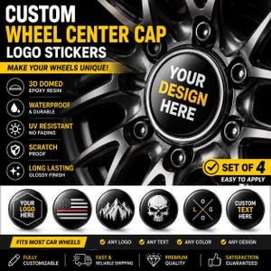 Custom Wheel Center Cap Logo Stickers (Set of 4) | Personalized 3D Domed Resin Rim Logo Stickers | Waterproof Self-Adhesive Hubcap Emblems
