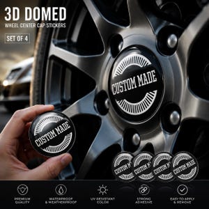 Aangepaste logostickers naafdop (set van 4) | Gepersonaliseerde 3D-koepelvormige stickers met harsrandlogo | Waterdichte zelfklevende wieldopemblemen