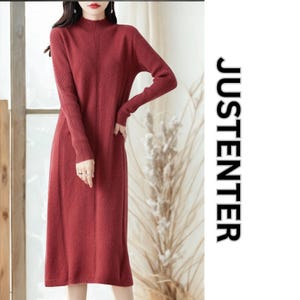 Elegant Wine Red Knit Midi Dress – Long Sleeve Mock Neck Sweater