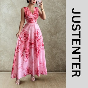 Pink Floral Satin Maxi Dress: Elegant Sleeveless V-Neck Gown