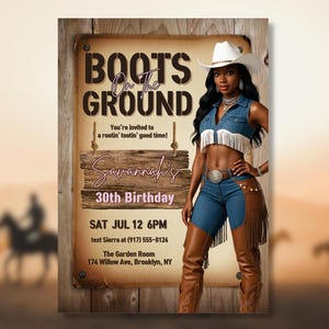 Editable Boots On The Ground Birthday Invitation, Western Rodeo Cowgirl Party Invite, 30th Birthday for Black Woman, Country Style Theme.