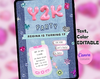Invitation à une fête de l'an 2000 : denim et bling, thème des années 2000 (téléchargement numérique de modèle de toile)