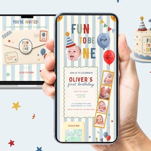 Pode incluir: Um modelo de convite digital para o primeiro aniversário exibido na tela de um smartphone, com fundo listrado azul claro, o texto Fun To Be One, uma foto de bebê, uma tira de fotos, detalhes do evento de Oliver e um link para o Google Maps.