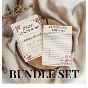 May include: A bundle set featuring a book and library card. The book cover reads "Her Next Chapter Begins" with the author's name and date. The library card has lines for advice and wishes. The set is on a wooden slice.