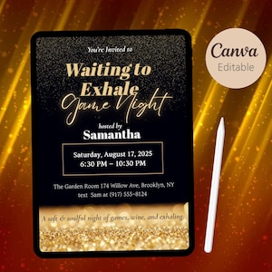 Waiting to Exhale Invitation: Editable Ladies Night Party Invite, Gold Theme Game Night (Canva Template)