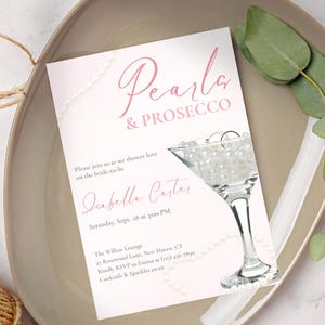 Pearls & Prosecco Bridal Shower Invitation: Elegant Pink Champagne (Editable Canva Template)