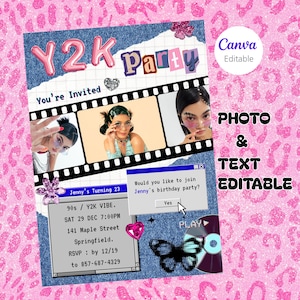 Y2K Anfang der 2000er Jahre Geburtstagsfeier Einladung Vorlage, zurück in die 90er Jahre Digitale Einladung, Canva Flyer, 2000 Themen, Retro 25.Geburtstagsparty