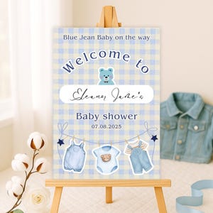 Blue Jean Baby Shower Welcome Sign: Gingham & Denim (Canva Template, Various Sizes)