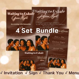 Pu&ograve; includere: Un pacchetto di quattro articoli di cancelleria per eventi con sfondo marrone. Il set include un invito, un cartello, un biglietto di ringraziamento e un menu. Il testo "Waiting to Exhale" &egrave; presente su ogni articolo, insieme ai dettagli dell'evento e alle immagini di donne sorridenti.
