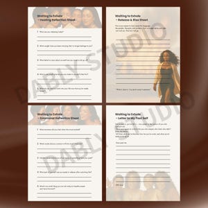 May include: A set of four journal pages titled "Waiting to Exhale" with prompts for reflection. The pages are themed around healing, release, and emotional processing. The design features a brown background and images of women.