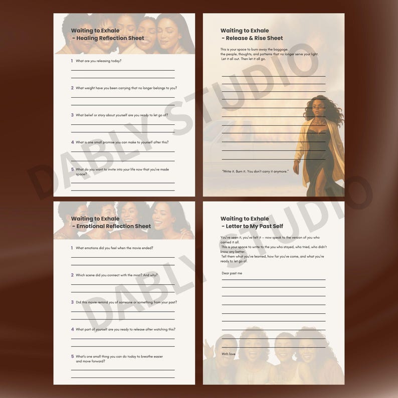 May include: A set of four journal pages titled "Waiting to Exhale" with prompts for reflection. The pages are themed around healing, release, and emotional processing. The design features a brown background and images of women.