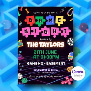 Bearbeitbare Einladung zu einem Spieleabend - Brettspiele Party einladen, Kartenspiel-Hausparty, Familienspiele-Nacht, druckbare Geburtstags-Canva-Vorlage.