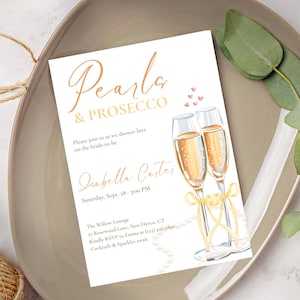 Pearls and Prosecco Bridal Shower Invitation, Printable Minimalist Pearl Bridal Shower Invite, Champagne Bubbly Brunch Party, Editable
