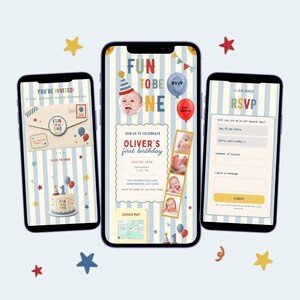 Bunte digitale Einladung zum 1. Geburtstag für Jungen, „Es macht Spaß, ein Jahr alt zu sein“-Einladung mit RSVP & Wunschliste, Canva-Website-Vorlage, bearbeitbarer Download.