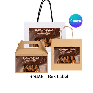 May include: A collection of tote bags and a box label featuring the text "Waiting to Exhale Pajama Night" with an image of women. The bags are white and tan, with black and tan handles. The box is brown.