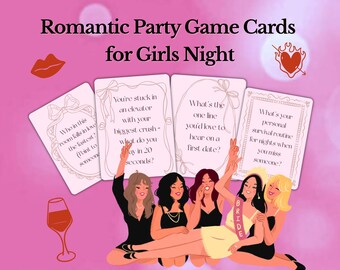 May include: A pink illustration features a set of game cards with text for a girls' night. The cards are decorated with bows and surrounded by illustrations of a heart, lips, and a wine glass. The text on the cards includes questions.