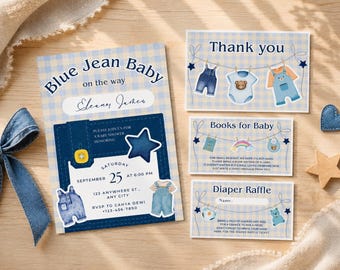Blue Jean Baby Shower Invitation | Denim Baby Shower Invite  for Boys , Western blue Jean Denim Theme Invite Set, Editable Canva Template