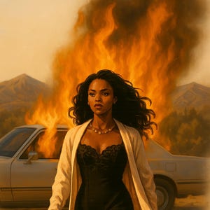 May include: An artistic depiction of a woman in a black dress and cream coat, walking away from a burning car. The background features mountains and a hazy sky, with flames and smoke dominating the scene.