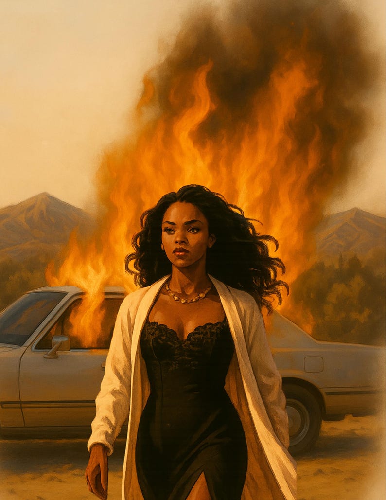 May include: An artistic depiction of a woman in a black dress and cream coat, walking away from a burning car. The background features mountains and a hazy sky, with flames and smoke dominating the scene.
