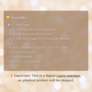 May include: A digital Canva template with a beige background. The text includes "Includes" followed by details of 8 total pages, emotional coloring sheets, journal prompts, and writing pages. It is editable in Canva, US Letter size, and available for instant download.