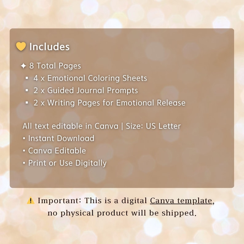 May include: A digital Canva template with a beige background. The text includes "Includes" followed by details of 8 total pages, emotional coloring sheets, journal prompts, and writing pages. It is editable in Canva, US Letter size, and available for instant download.