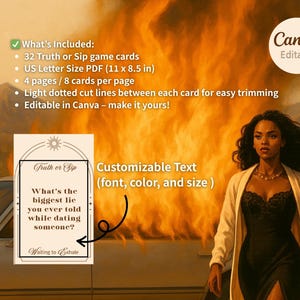 Pu&ograve; includere: Modello Canva digitale per un gioco Truth or Sip. Include 32 carte, PDF formato US Letter (27,9 x 21,6 cm) e linee di taglio a puntini chiare. Il testo "Truth or Sip" e "Qual &egrave; la bugia pi&ugrave; grande che hai detto mentre frequentavi qualcuno?" sono visibili.