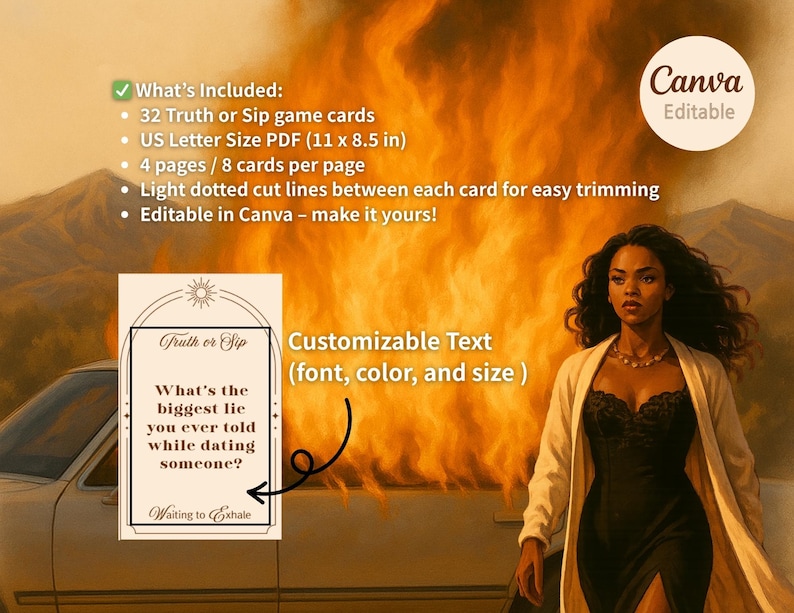 Pu&ograve; includere: Modello Canva digitale per un gioco Truth or Sip. Include 32 carte, PDF formato US Letter (27,9 x 21,6 cm) e linee di taglio a puntini chiare. Il testo "Truth or Sip" e "Qual &egrave; la bugia pi&ugrave; grande che hai detto mentre frequentavi qualcuno?" sono visibili.